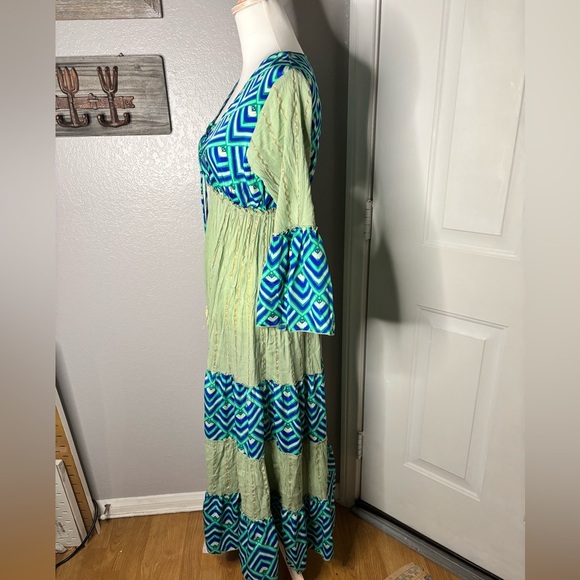 Handmade in Bali | sz m | boho Blue/Green Tiered Maxi Sundress with Bell Sleeves - Picture 5 of 6